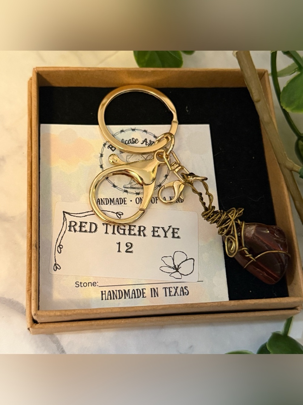 Handmade Red Tiger Eye Purse Charm Keychain Gold Wire One of a Kind Texas
